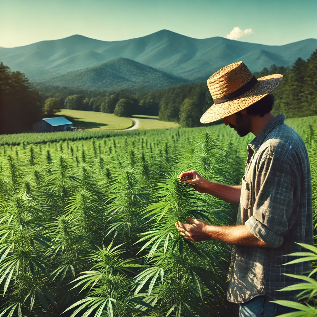 a farmer looking at hemp crop in the blue ridge mountains.