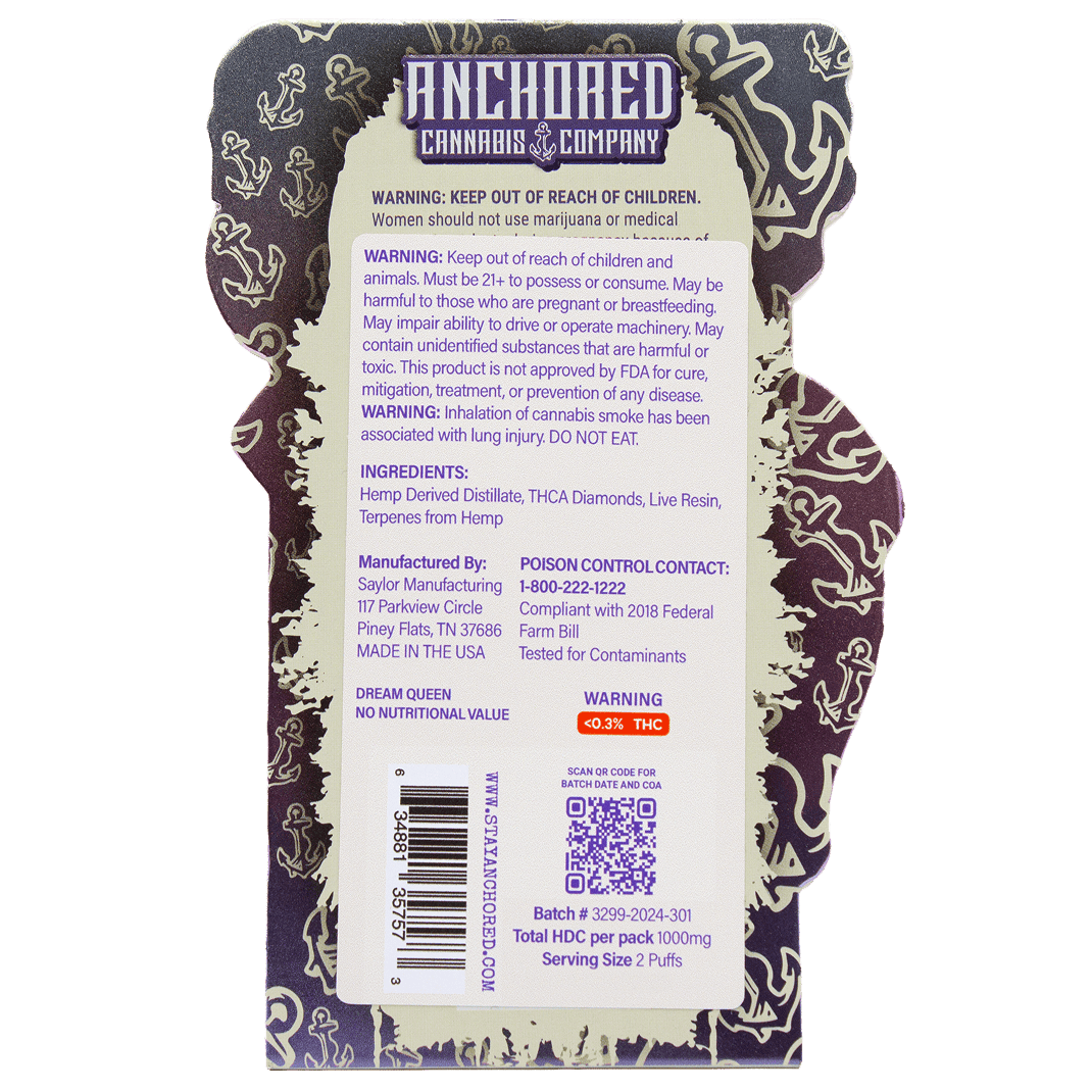 anchored-dream-queen-thca-cart-back (1) Anchored - Dream Queen THCA Cart