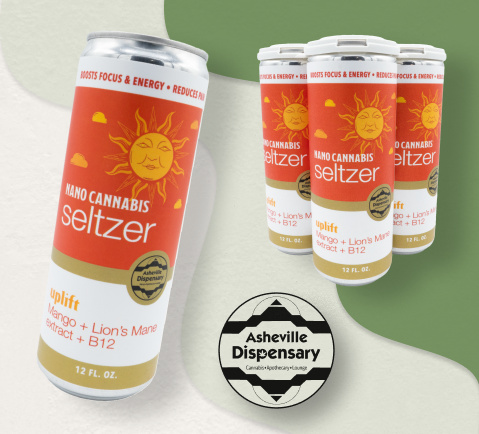 Asheville Dispensary Uplift CBD & CBG Seltzer, mango flavor, 20mg CBD and 20mg CBG, Lions Mane extract, focus enhancement