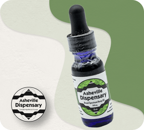 Asheville Dispensary 500mg Broad Spectrum Hemp Extract in Hemp Seed oil, THC-free tincture, chill effects, premium hemp extract
