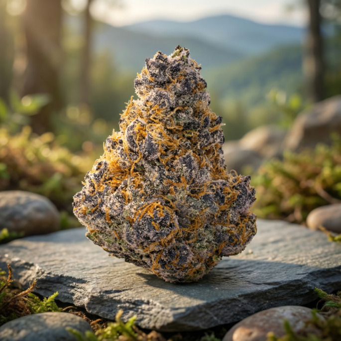 THCA flower close-up with frosty trichomes, purple buds, and orange pistils on stone slab in the mountains — premium terpene-rich cannabis from Asheville Dispensary.
