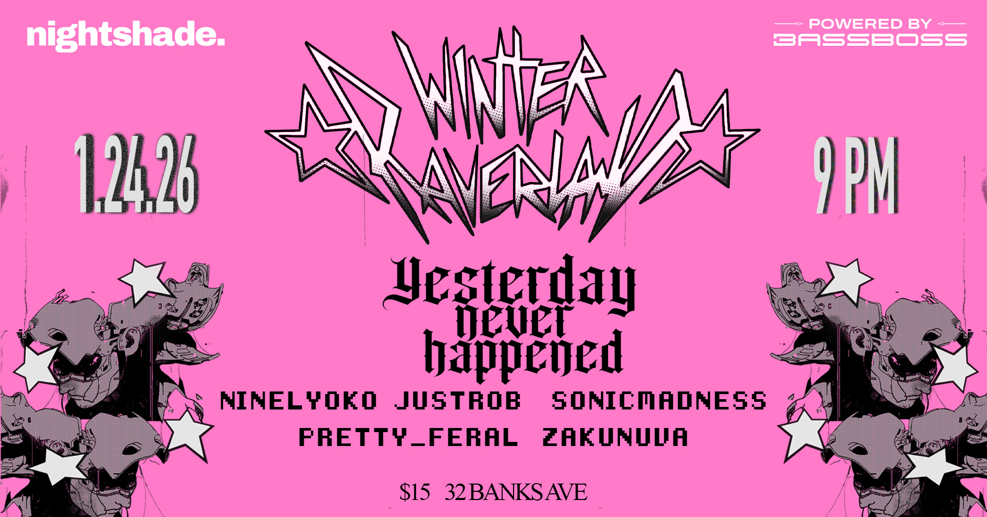 <h1 class="tribe-events-single-event-title">Winter Raverland ft. Yesterday Never Happened + Ninelyoko & friends Hosted By Nightshade</h1>