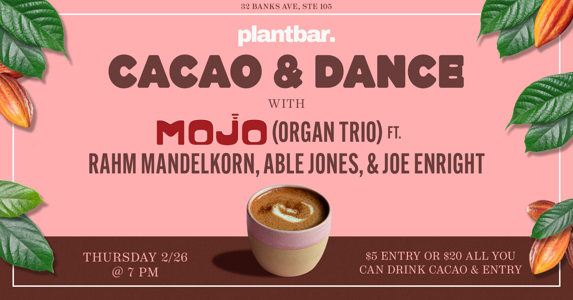 <h1 class="tribe-events-single-event-title">Cacao & Dance ft. Mojo (Organ Trio) Hosted by Plant Bar</h1>